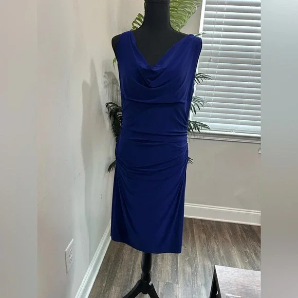 Lauren Ralph Lauren Royal Blue Cowl Neck Ruched Sheath Dress Size 10 Sleeveless - Picture 2 of 7